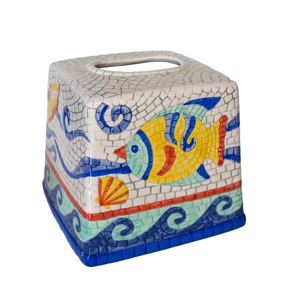 Wamsutta Vtg Ceramic Mosaic Tissue Box Cover Tropical Fish Ocean Coastal Retro